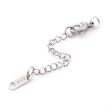 304 Stainless Steel Chain Extender, Chain Tabs with Word K14, and Lobster Claw Clasps, Stainless Steel Color, 64~80mm
