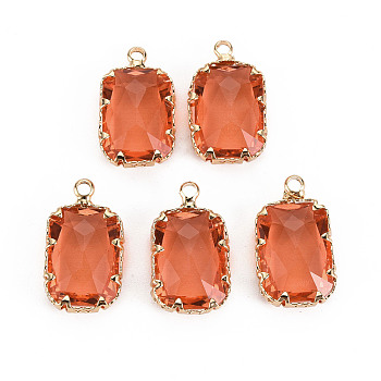 Transparent Glass Pendants, with Brass Prong Settings, Faceted, Rectangle, Light Gold, Coral, 19x11x5.5mm, Hole: 1.6mm