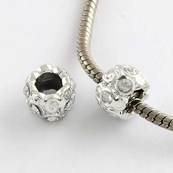 Alloy Rhinestone Rondelle Large Hole Beads, Silver Color Plated, Crystal, 11.5x8mm, Hole: 5~5.5mm