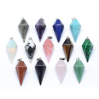 Natural & Synthetic Mixed Stone Pointed Pendants, with Brass Findings, Bullet, Platinum, 38.5x16x14.5mm, Hole: 5x8mm