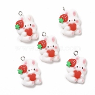 Resin Pendants, with Platinum Iron Findings, Cute, Rabbit with Strawberry, White, 26.5x17.5x7.5mm, Hole: 2mm(RESI-M026-11)