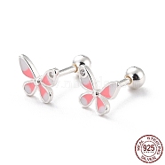 Butterfly 925 Sterling Silver Stud Earrings for Girl Women, Dainty Minimalist Enamel Post Earrings with Ball Ear Nut, Silver, Pink, 6x7mm, Pin: 1mm(EJEW-I259-05S)