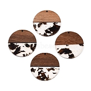 Epoxy Resin & Walnut Wood Pendants, with Dried Flower, Flat Round, Coconut Brown, 38x3.5mm, Hole: 2mm(RESI-T057-10D)