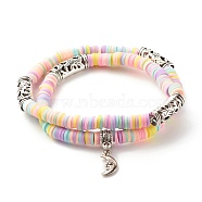 Handmade Polymer Clay Heishi Beads Wrap Bracelet, Word Love Moon Alloy Charm Two Loops Bracelet for Women, Mixed Color, Inner Diameter: 4-3/8 inch(11.2cm)(BJEW-JB07426)