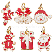 6Pcs 6 Style Real 18K Gold Plated Brass Enamel Pendants, with Jump Ring, for Christmas, Gift Box & Gingerbread Man & Santa Claus, Mixed Color, 17.5x10x1mm, jump ring: 5x0.8mm, inner diameter: 3.4mm, 1pc/style(KK-BBC0005-28)