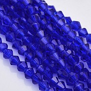 facetas cuentas de vidrio bicone hebras, azul oscuro, 4x4 mm, agujero: 1 mm, acerca de 92~96pcs/strand, {1 pulgada(X-EGLA-P017-4mm-08)
