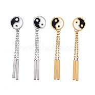 Feng Shui 304 Stainless Steel Chain Tassel Earrings, with Earring Back & Enamel, Bar & Yin Yang, Black, Mixed Color, 47mm, Pin: 0.7mm, Bar: 15x2x2mm, Flat Round: 10x2mm(EJEW-I248-37)