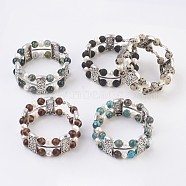 Natural Gemstone Wrap Bracelets, with Pearl, Alloy Findings, Round & Rectangle, 2 inch(51mm)(BJEW-JB03647)