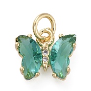 Brass Micro Pave Clear Cubic Zirconia Pendant, with Glass, Butterfly, Golden, Teal, 12.5mm(ZIRC-P079-B01-03)