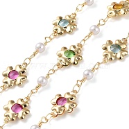 Clover Brass Link Chains, with ABS Imitation Pearl and Glass, Real 18K Gold Plated, Soldered, with Spools, Long-Lasting Plated, Mixed Color, 10x14mm(CHC-Q013-01G)