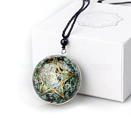 Dyed Natural Pyrite Resin Pendants, Yoga Theme Half Round Charms with Star, Teal, 40mm(PW-WG44173-04)