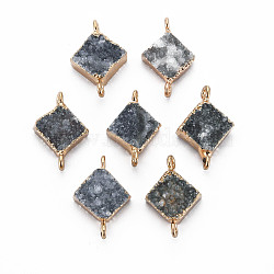 Natural Druzy Agate Links Connectors, with Edge Golden Plated Iron Loops, Dyed, Rhombus, Gray, 20~20x14.5x5mm, Hole: 1.8mm(G-S359-081)
