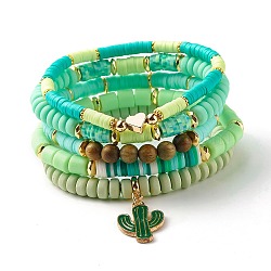 Natural Sandalwood Round & Polymer Clay Heishi Beads Stretch Bracelets Sets, Cactus Heart Charm Stackable Preppy Bracelets for Women, Green, Inner Diameter: 2 1/8~2-1/4 inch(5.4~5.7cm), 5Pcs/set(BJEW-SZ0002-14)