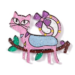 Cat Theme Acrylic Pendants, Pink, 38.5x44.5x2.5mm, Hole: 1.6mm(MACR-U003-06D)