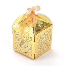 Laser Cut Paper Hollow Out Heart & Flowers Candy Boxes, Square with Ribbon, for Wedding Baby Shower Party Favor Gift Packaging, Gold, 5x5x7.6cm(CON-C001-06)