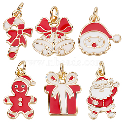6Pcs 6 Style Real 18K Gold Plated Brass Enamel Pendants, with Jump Ring, for Christmas, Gift Box & Gingerbread Man & Santa Claus, Mixed Color, 17.5x10x1mm, jump ring: 5x0.8mm, inner diameter: 3.4mm, 1pc/style(KK-BBC0005-28)