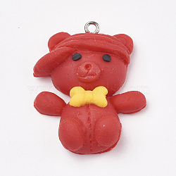 Handmade Polymer Clay Pendants, with Iron Findings, Bear, Platinum, Red, 35.5x29x11mm, Hole: 2mm(CLAY-T012-16)