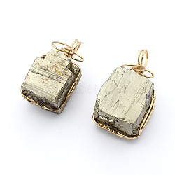 Cuboid Brass Natural Pyrite Pendants, Golden, 30~35x16~20x17mm, Hole: 4.5mm(X-G-N0145-10)