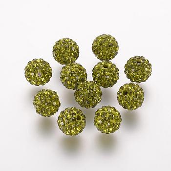 Polymer Clay Rhinestone Beads, Grade A, Round, Pave Disco Ball Beads, Olivine, 10x9.5mm, Hole: 1.5mm