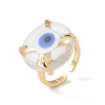 Lampwork Evil Eye Open Cuff Ring, Golden Brass Lucky Jewelry for Women, Lead Free & Cadmium Free, White, Inner Diameter: 16mm