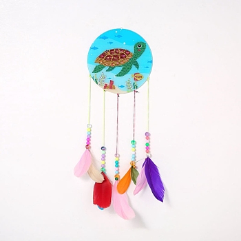 DIY Diamond Painting Hanging Woven Net/Web with Feather Pendant Kits, Including Acrylic Plate, Pen, Tray, Feather and Bells, Wind Chime Crafts for Home Decor, Tortoise Pattern, 400x146mm