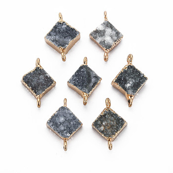 Natural Druzy Agate Links Connectors, with Edge Golden Plated Iron Loops, Dyed, Rhombus, Gray, 20~20x14.5x5mm, Hole: 1.8mm