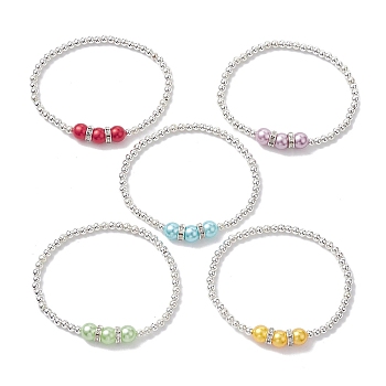 ABS Plastic Imitation Pearl & Brass Beaded Stretch Bracelet, Mixed Color, Inner Diameter: 2-1/8 inch(5.4cm)