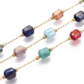 Handmade 304 Stainless Steel Cable Chains, with Column Glass Beads, Ion Plating(IP), Real 18K Gold Plated, Soldered, with Spool, Colorful, 5~6x4.5~5.5mm