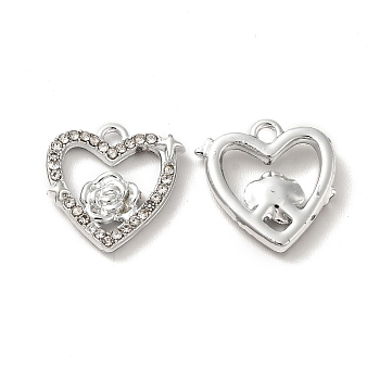 Crystal Rhinestone Pandants, with Rack Plating Alloy Findings, Nickel Free, Heart with Flower Charms, Platinum, 14x14x2.5mm, Hole: 1.5mm