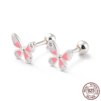 Butterfly 925 Sterling Silver Stud Earrings for Girl Women, Dainty Minimalist Enamel Post Earrings with Ball Ear Nut, Silver, Pink, 6x7mm, Pin: 1mm