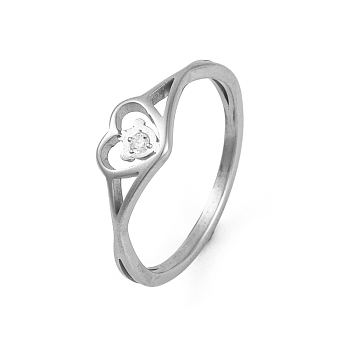 Heart 304 Stainless Steel Finger Ring foe Women, with Cubic Zirconia, Stainless Steel Color, 6.5mm, US Size 6~9(16.5~18.9mm)