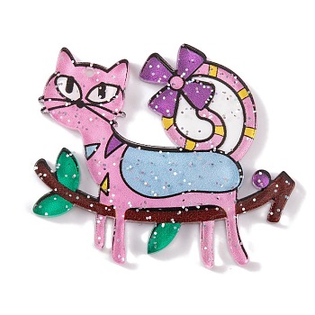 Cat Theme Acrylic Pendants, Pink, 38.5x44.5x2.5mm, Hole: 1.6mm