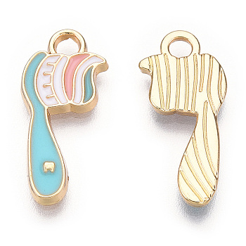 Alloy Charms, with Enamel, Cadmium Free & Lead Free, Light Gold, Toothbrush, Pale Turquoise, 8.5x18x1.5mm, Hole: 1.8mm