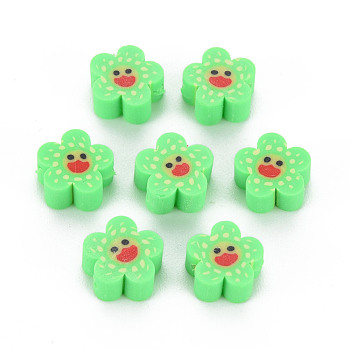 Handmade Polymer Clay Beads, Flower with Smiling Face, Lime, 9~10x4mm, Hole: 1.5mm