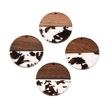 Epoxy Resin & Walnut Wood Pendants, with Dried Flower, Flat Round, Coconut Brown, 38x3.5mm, Hole: 2mm