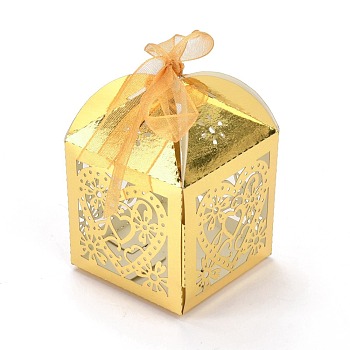 Laser Cut Paper Hollow Out Heart & Flowers Candy Boxes, Square with Ribbon, for Wedding Baby Shower Party Favor Gift Packaging, Gold, 5x5x7.6cm