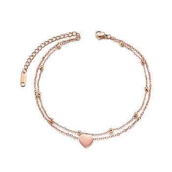 SHEGRACE Titanium Steel Multi-Strand Anklet, with Cable Chains and Round Beads, Heart, Rose Gold, 8-1/4 inch(21cm)