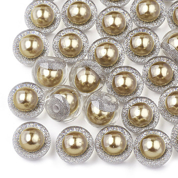 Transparent Acrylic Cabochons, with Glitter Powder and ABS Plastic Imitation Pearl Inside, Bead in Bead, Half Drilled Beads, Round, Dark Goldenrod, 18x15.5mm, Half Hole: 3.5mm