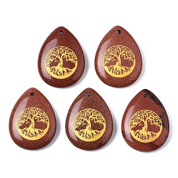 Synthetic Goldstone Pendants, Teardrop with Tree of Life Pattern, 32~33.5x25~26x6.5~7.5mm, Hole: 2mm, 6pcs/bag
