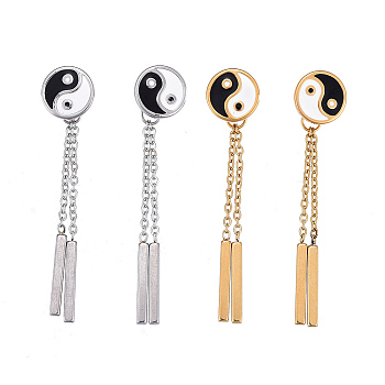 Feng Shui 304 Stainless Steel Chain Tassel Earrings, with Earring Back & Enamel, Bar & Yin Yang, Black, Mixed Color, 47mm, Pin: 0.7mm, Bar: 15x2x2mm, Flat Round: 10x2mm