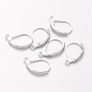 Platinum Plated Brass Leverback Earring Findings, with Loop, Nickel Free, 15x10mm, Hole: 1mm