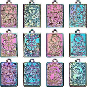 12Pcs 6 Style Rack Plating Rainbow Color Alloy Pendants, Cadmium Free & Nickel Free & Lead Free, Tarot Charms, 23.5x14.5x1.5mm, Hole: 1.8mm, 2pcs/style