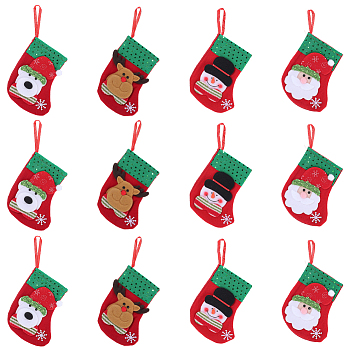 12Pcs 4 Styles Cloth Christmas Stocking Gift Bag Pendant Decoration, for Christmas Tree Hanging Decoration, Mixed Shapes, 160x120mm, 3pcs/style