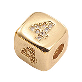 Brass Micro Pave Cubic Zirconia Beads, Cube with Number, Clear, Golden, Num.4, 8.5x8.5x8.5mm, Hole: 3.5mm