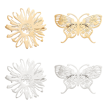 4Pcs 4 Style Butterfly & Flower Brooch, 201 Stainless Steel Lapel Pin for Backpack Clothes, Nickel Free & Lead Free, Golden & Stainless Steel Color, 33~42.5x42.5~54.5x7mm, Pin: 0.7mm, 1pc/style