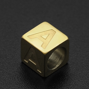 201 Stainless Steel European Beads, Large Hole Beads, Horizontal Hole, Cube, Golden, Letter.A, 7x7x7mm, Hole: 5mm