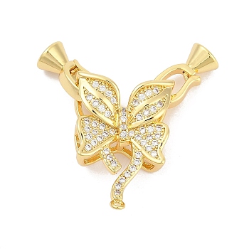 Brass Micro Pave Clear Cubic Zirconia Fold Over Clasps, Butterfly, Real 18K Gold Plated, 34.5mm