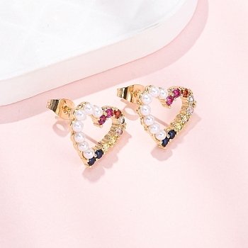 Hollow Heart Brass Micro Pave Cubic Zirconia Stud Earrings, with ABS Imitation Pearl, Real 16K Gold Plated, 13.5x15.5mm