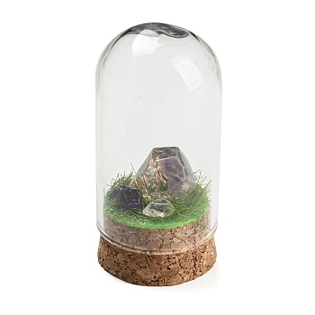 Natural Amethyst Nuggets Display Decoration with Glass Dome Cloche Cover, Cork Base Bell Jar Ornaments for Home Decoration, 30x58~61mm