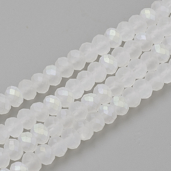 Electroplate Glass Beads Strands, Faceted, Half Plated, Matte Style, Rondelle, Clear AB, 6x4.5mm, Hole: 1mm, about 87~90pcs/strand, 15.7 inch